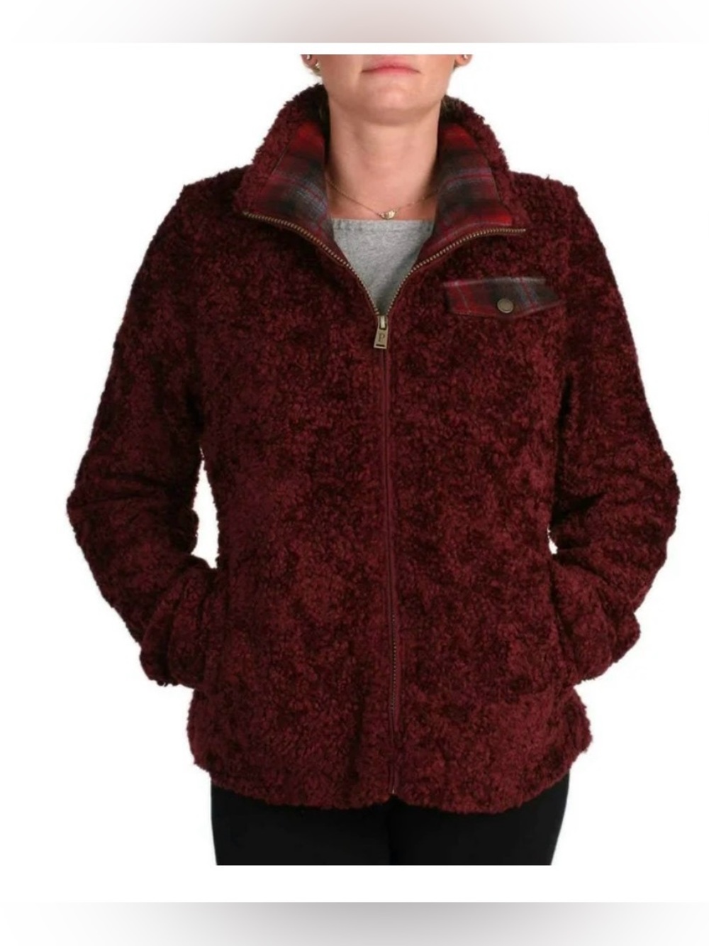 Pendleton Ladies' Fuzzy Zip Jacket Women's Sherpa Coat Burgundy sz M
